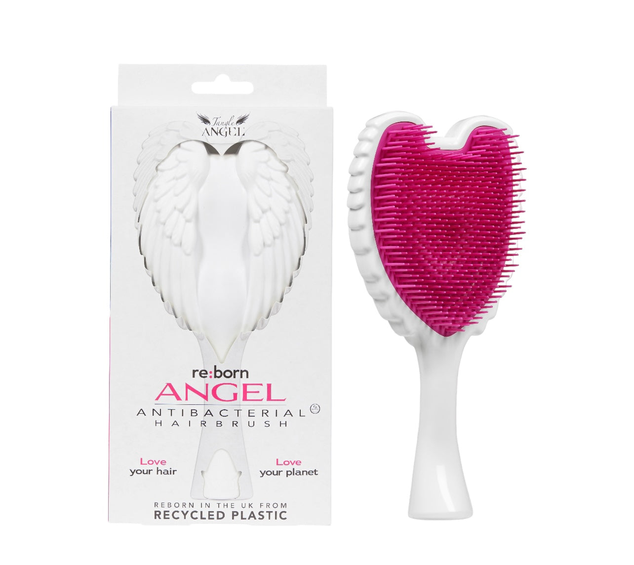 Tangle Angel RE:BORN White Fuchsia reborn in the UK from recycled plastic, antibacterial hairbrush, love your hair, love your planet Phoenix Nationale