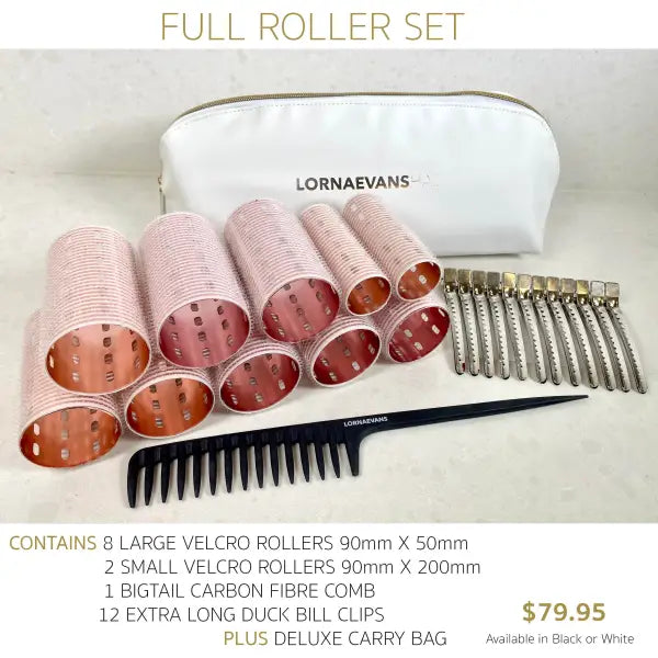 Lorna Evans Velcro Aluminum Self Grip Rollers - White Rose Gold Mixed Set x 10 + 1 Bigtail carbon fibre comb + 12 extra long duck bill clips Phoenix Nationale