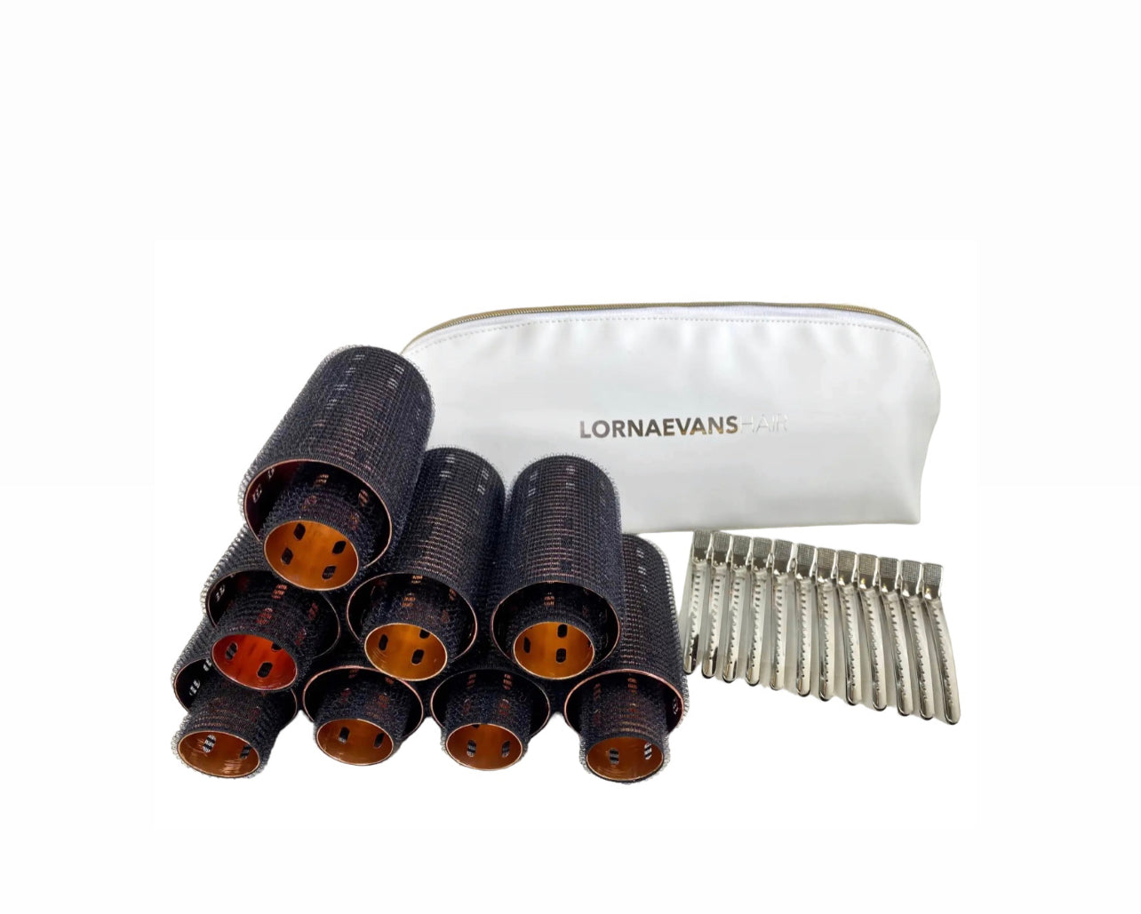 NEW Lorna Evans Velcro Aluminum Self Grip Rollers 90mm - Black Rose Gold Large Set x 8 + 8 small Velcro rollers + 12 extra long duck bill clips + deluxe carry bag Rockhampton Vintage Hire