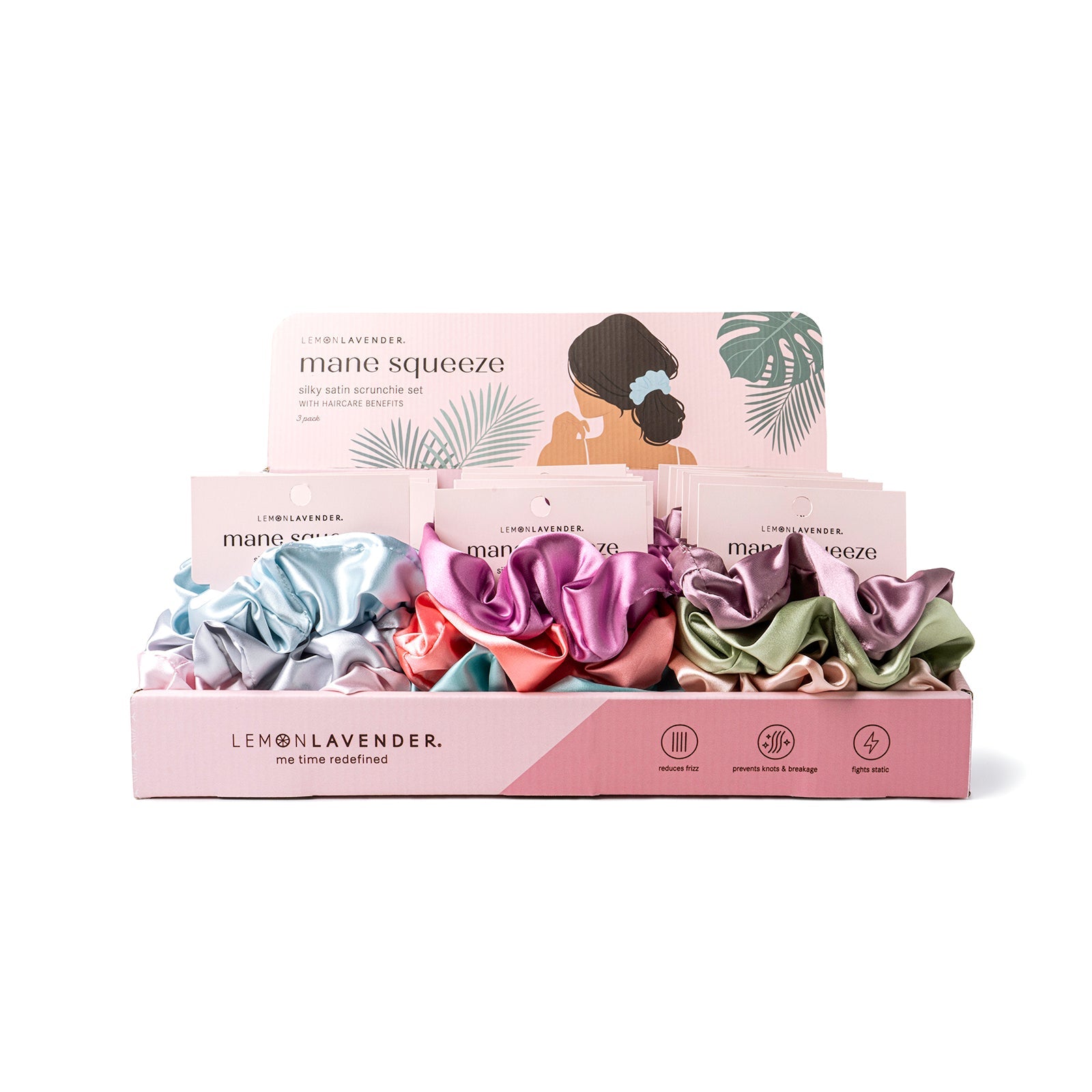 Lemon Lavender Mane Squeeze Silky Satin Scrunchie 3-Piece Set  Display Phoenix Nationale