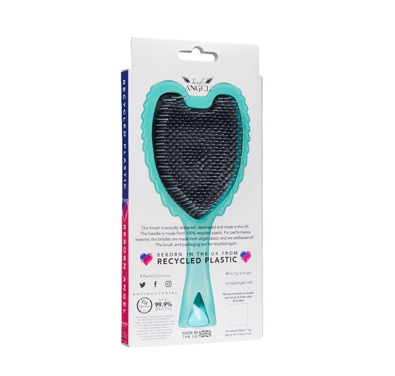 Tangle Angel RE:BORN Aqua reborn in the UK from recycled plastic, antibacterial hairbrush, love your hair, love your planet Phoenix Nationale
