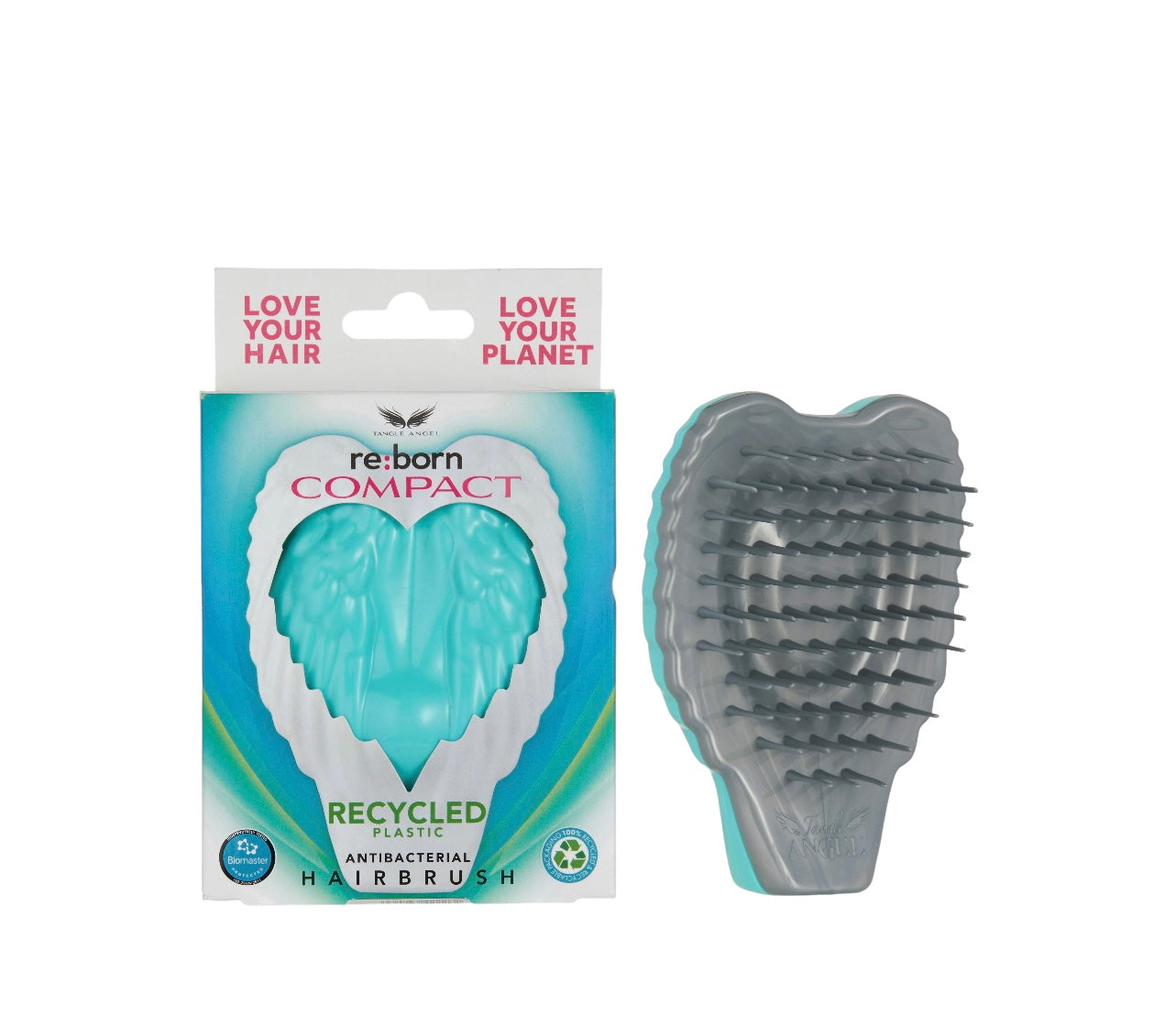 Tangle Angel RE:BORN Compact aqua reborn in the UK from recycled plastic, antibacterial hairbrush, love your hair, love your planet Phoenix Nationale