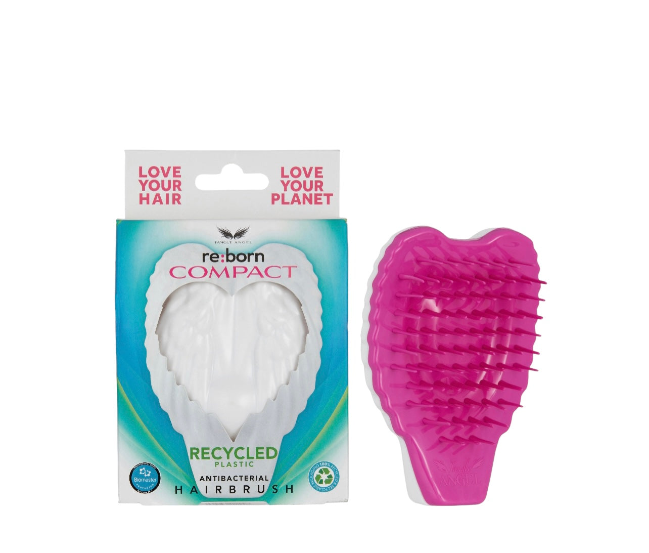 Tangle Angel RE:BORN Compact white with fuchsia teeth reborn in the UK from recycled plastic, antibacterial hairbrush, love your hair, love your planet Phoenix Nationale