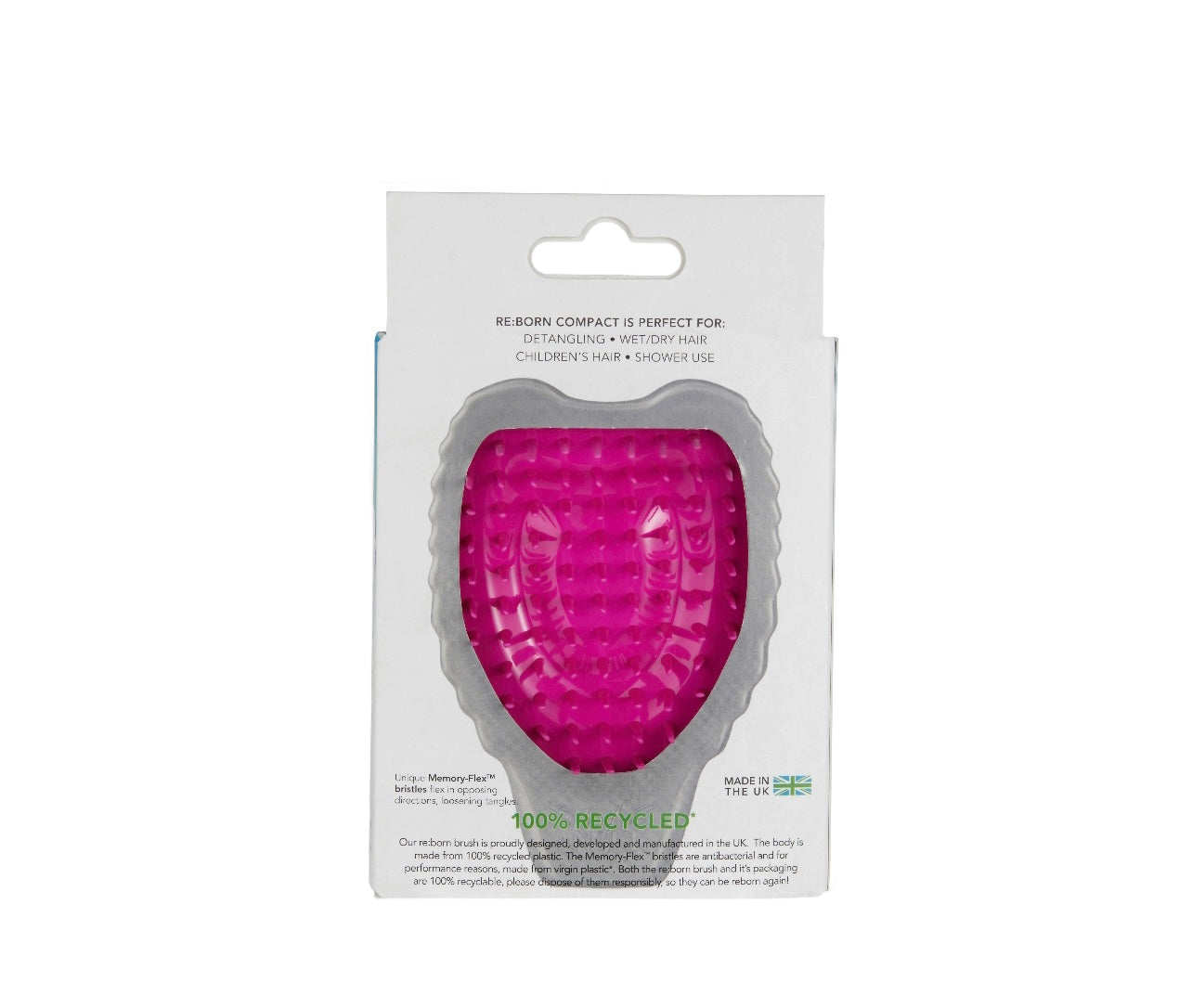 Tangle Angel RE:BORN Compact white with fuchsia teeth reborn in the UK from recycled plastic, antibacterial hairbrush, love your hair, love your planet Phoenix Nationale
