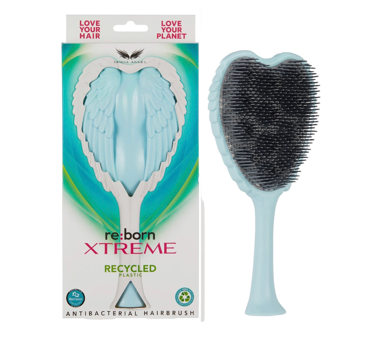 Tangle Angel RE:BORN Xtreme Ice Blue reborn in the UK from recycled plastic, antibacterial hairbrush, love your hair, love your planet Phoenix Nationale