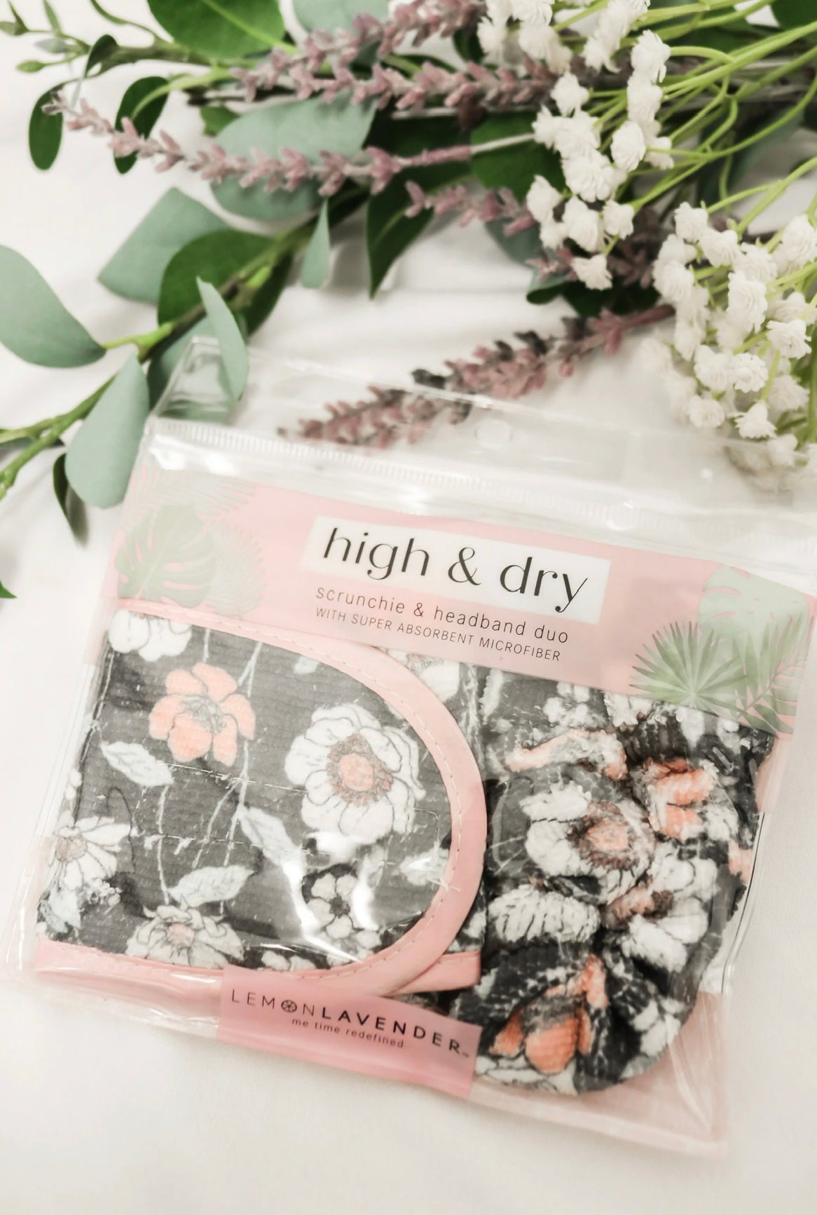 Lemon Lavender® High & Dry Microfiber Scrunchie & Headband Duo Floral Phoenix Nationale