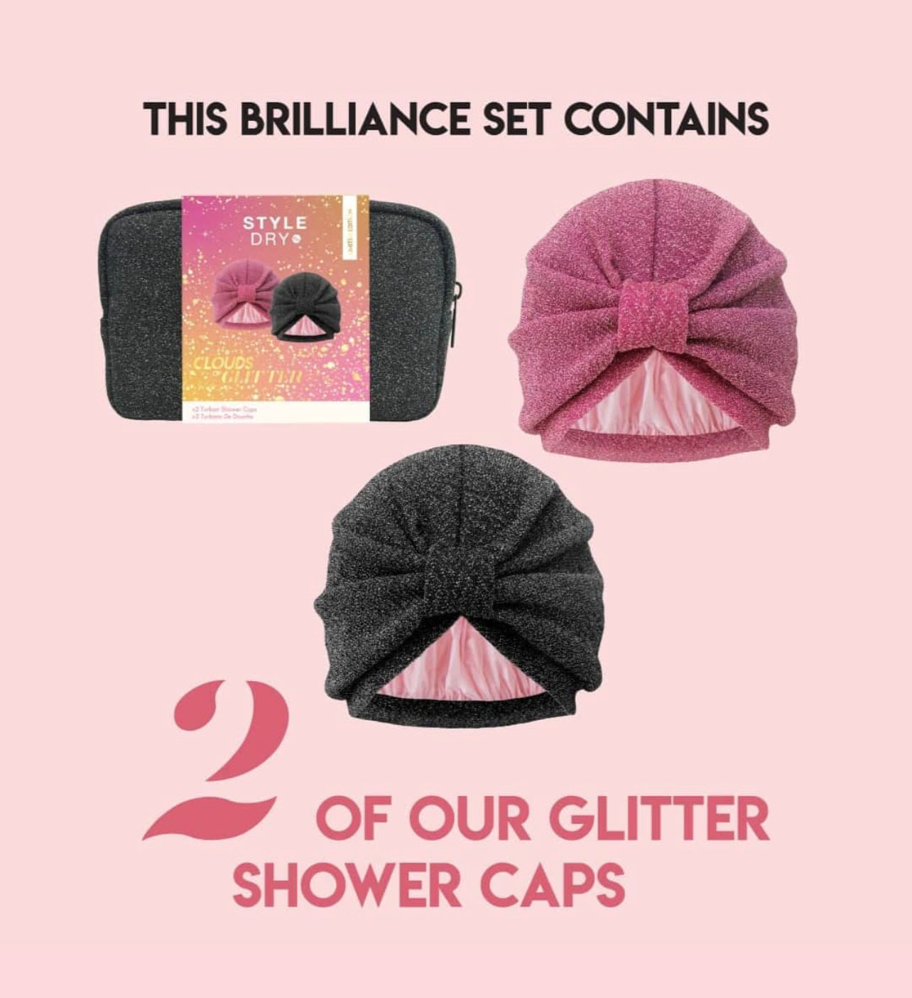 STYLEDRY Cloud of Glitter - 3-Piece Set Includes 2 Shower Caps + Reusable Zip Makeup Bag X Phoenix Nationale